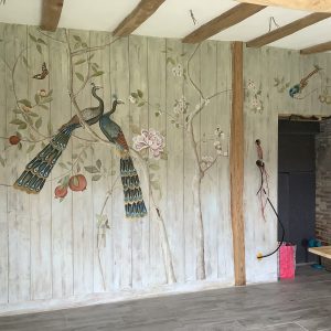 Chinoiserie mural hand painted with acrylics on lime washed and sealed boards